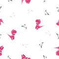 Seamless dinosaur pattern. Animal white background with pink dino. Vector illustration.
